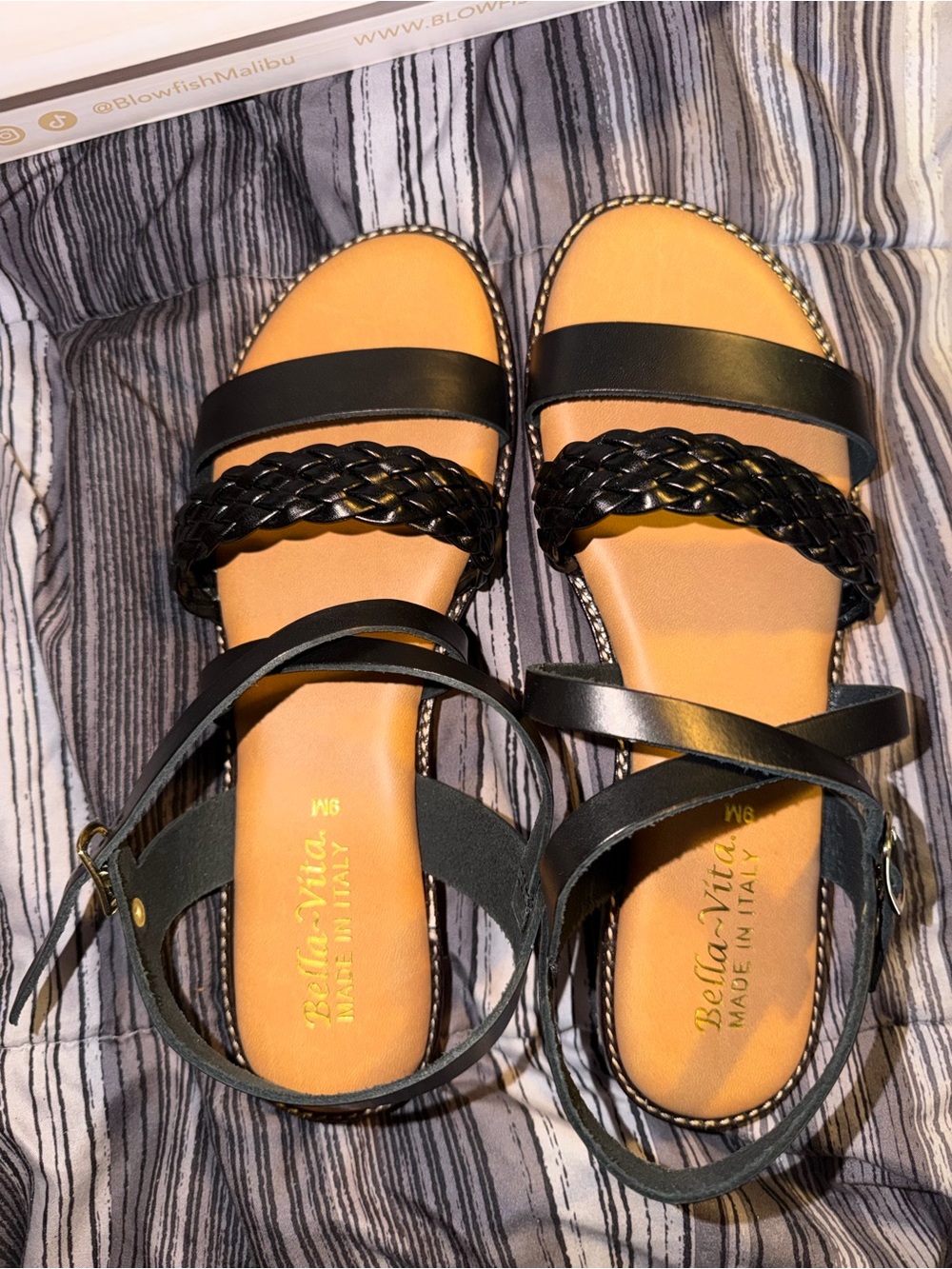 Bella Vita Black Braided Strap Ankle Wrap Sandals